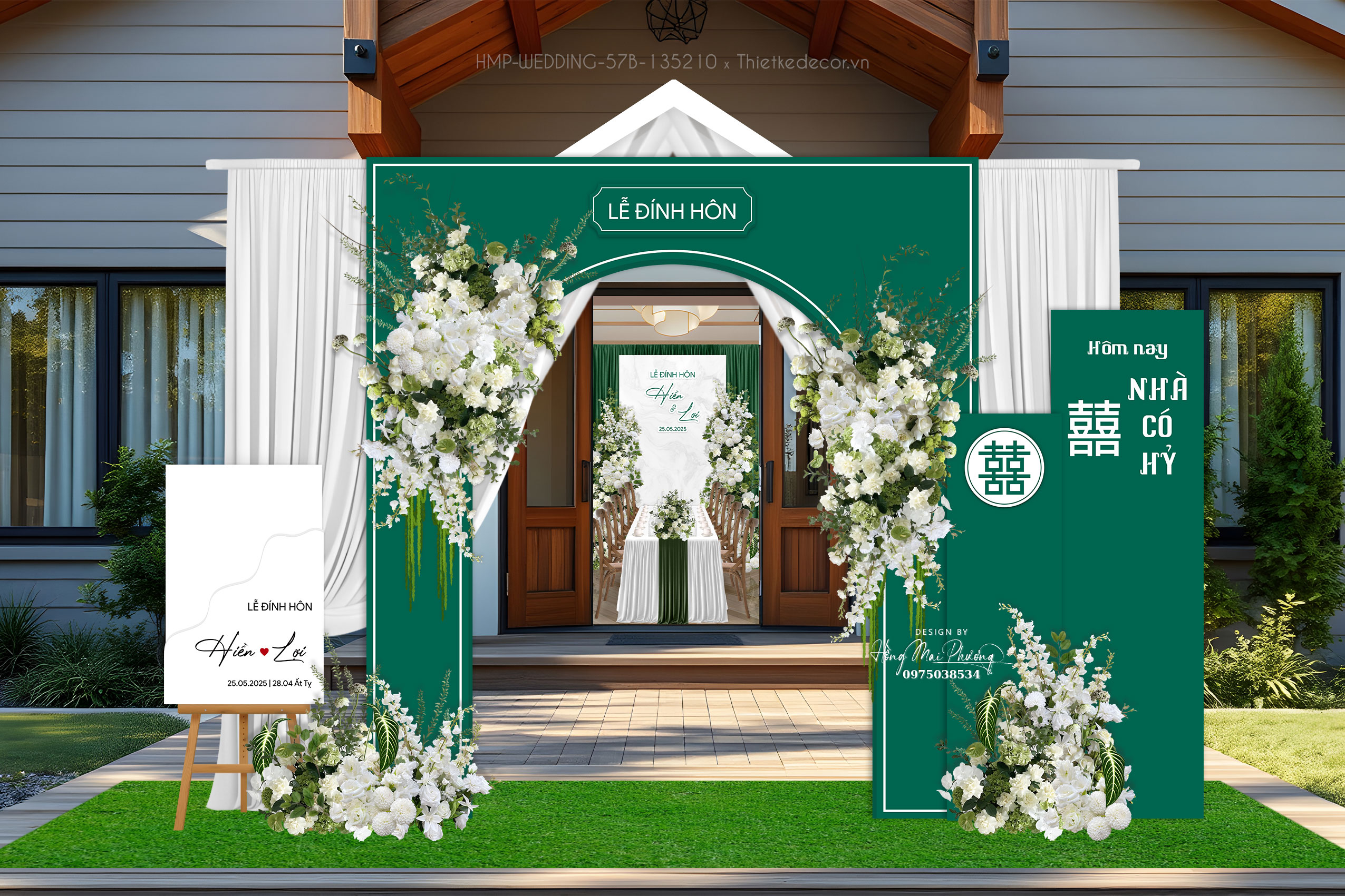 Cổng cưới tone xanh lá kèm bảng welcome trắng